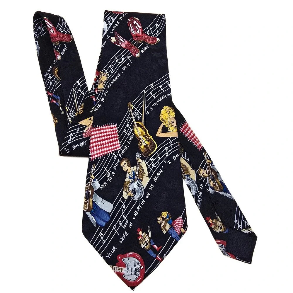 Nicole Miller Vintage 1992 Country Music Silk Tie Banjo‎ Guitar Novelty Black
